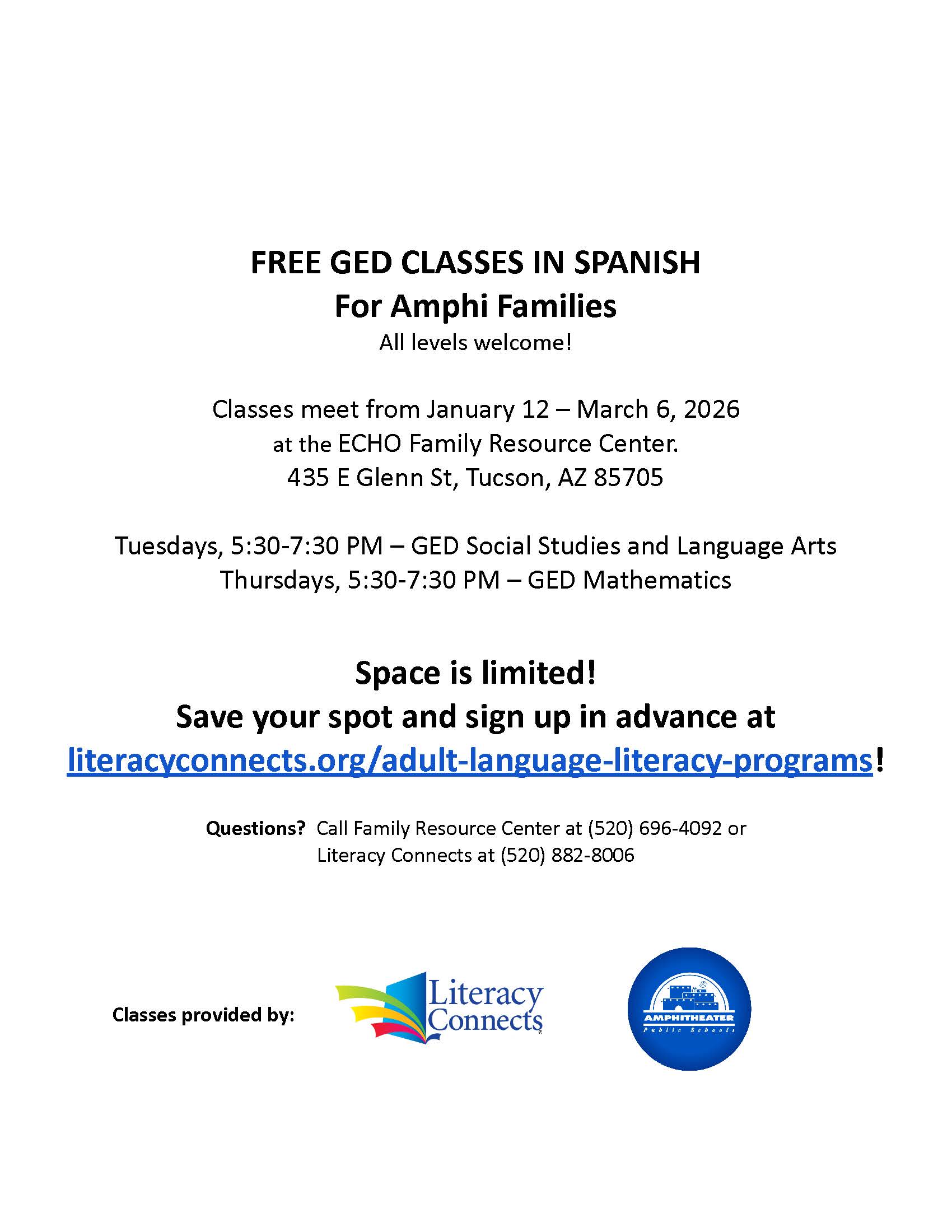 Free GED Class January 12 - March 6. Sign up on the link provided